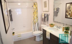 Bathroom Shower at Gallery at Turtle Creek Apartments in Uptown Dallas TX Lux Locators Dallas Apartment Locators