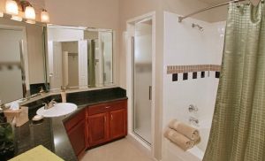 Bathroom Shower at Riviera at West Villiage Apartments in Uptown Dallas TX Lux Locators Dallas Apartment Locators