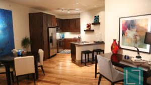 Living Room Kitchen at The Monterey by Windsor Apartments in Uptown Dallas TX Lux Locators Dallas Apartment Locators